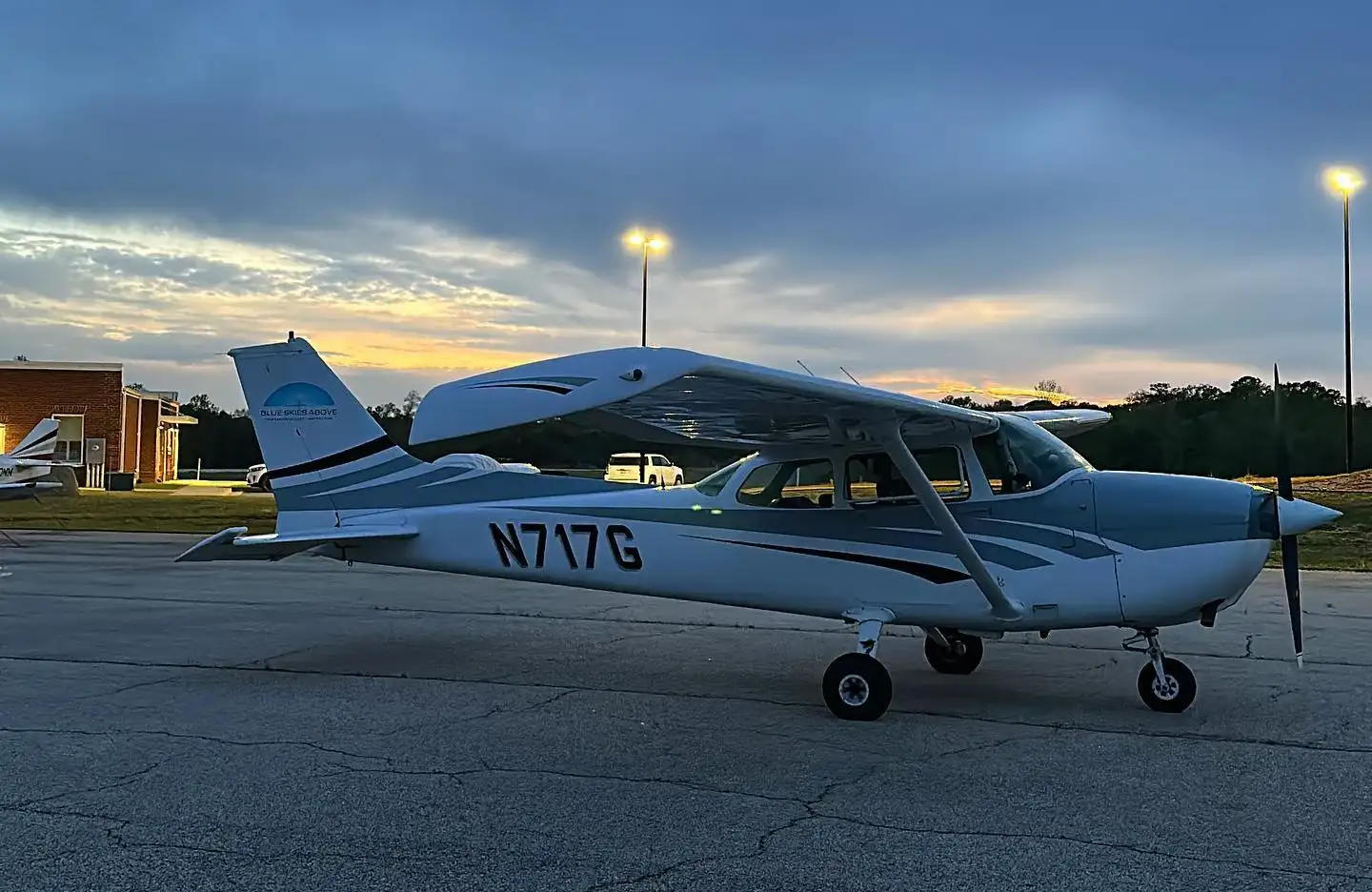 Cessna 172 at sunset at Lanett Municipal Airport