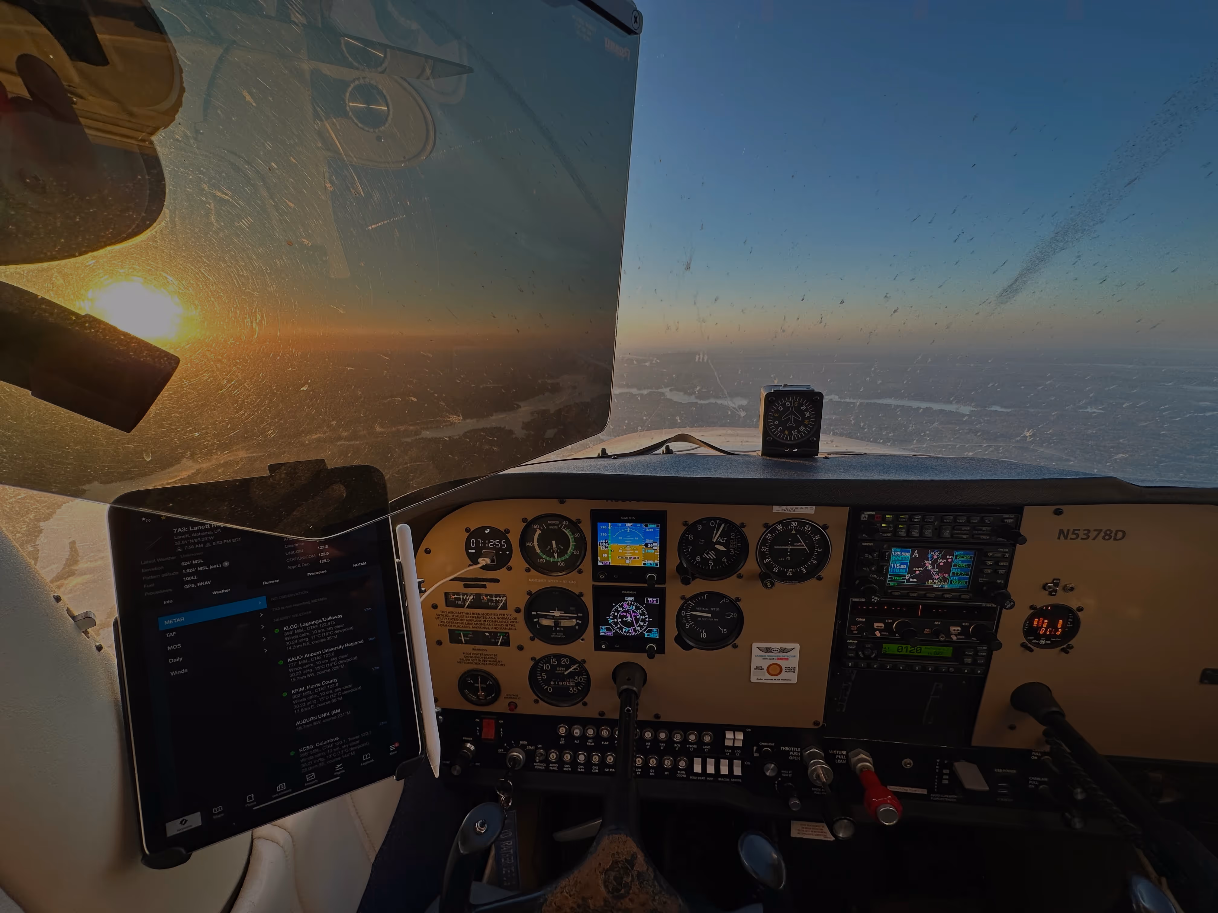 Student pilot flying over Lanett in a Cessna 172