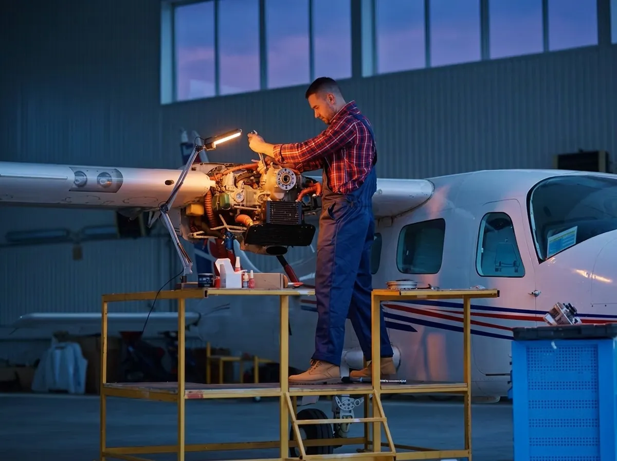 Flight instructor working on a Cessna engine at Blue Skies