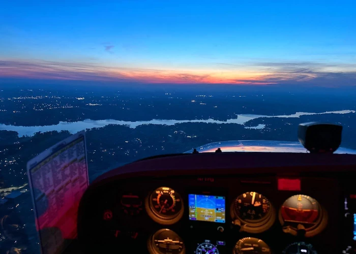 Flying Cessna 172 over Opelika Alabama during sunset